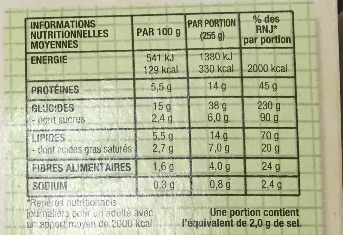 Lasagnes aux légumes, pâtes de riz sans gluten - Nutrition facts - fr