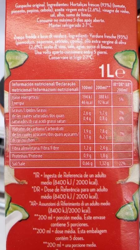 Gazpacho - Nutrition facts - es