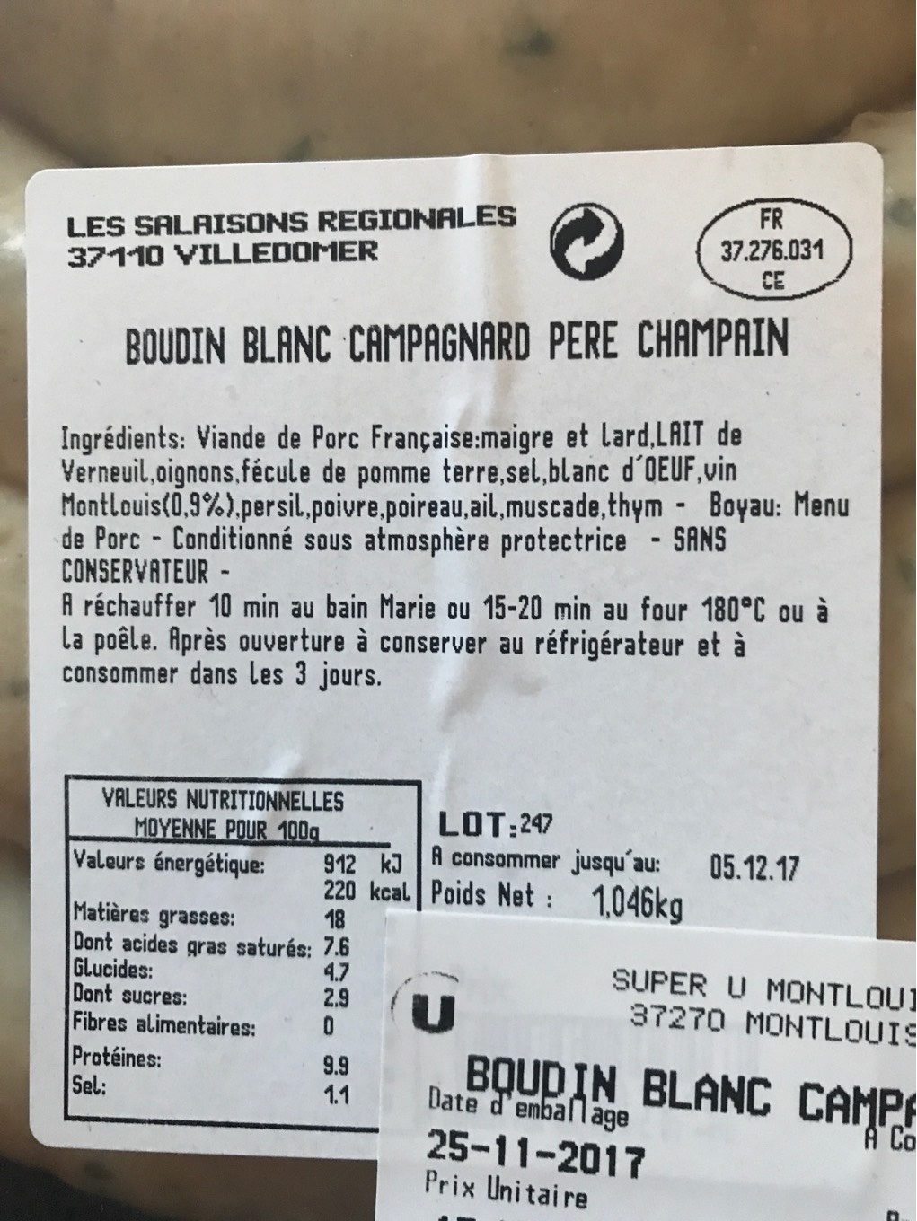 Boudin blanc campagnard - Nutrition facts - fr