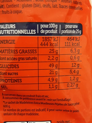 madeleines extra moelleuses - Nutrition facts - fr