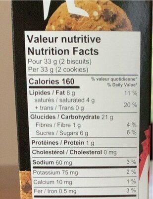 Quinoa Cookies Chocolate Chips - Nutrition facts