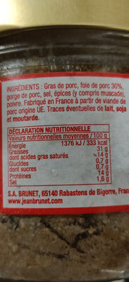 TERRINE DE CAMPAGNE jean brunet 320g - Nutrition facts