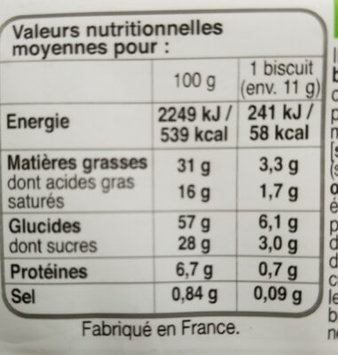 Sablés noisettes, chocolat - Nutrition facts