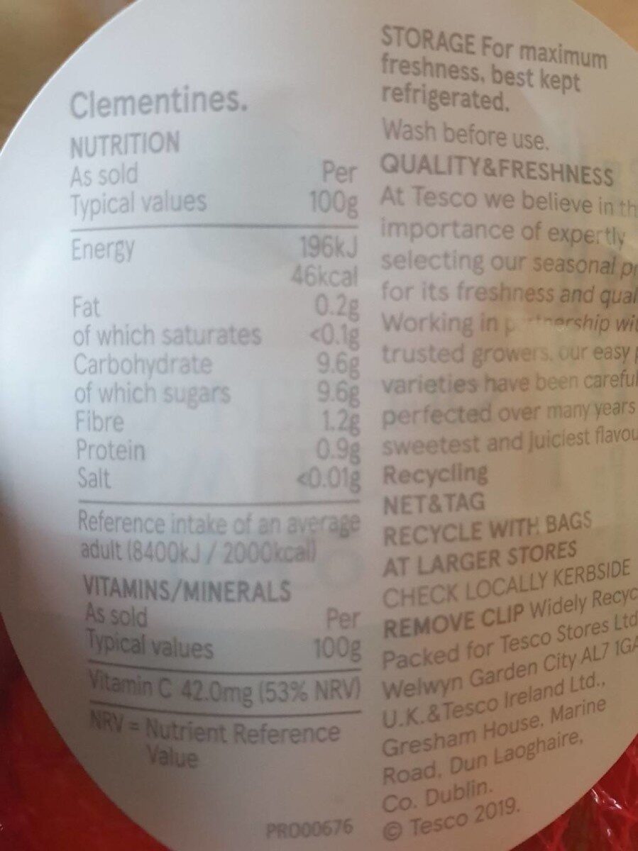 Tesco Clementine Or Sweet Easy Peeler Pack 600G - Nutrition facts - en