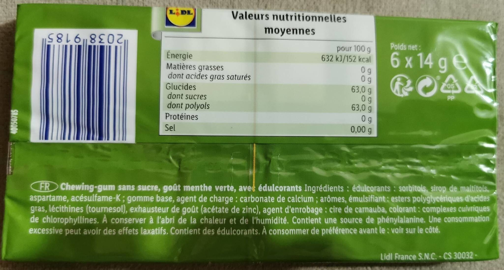 Chewing gum à la chlorophylle - Nutrition facts - fr