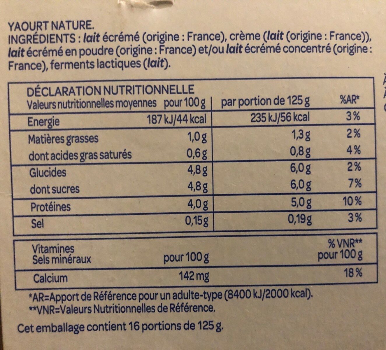 YAOURT Nature - Nutrition facts - fr