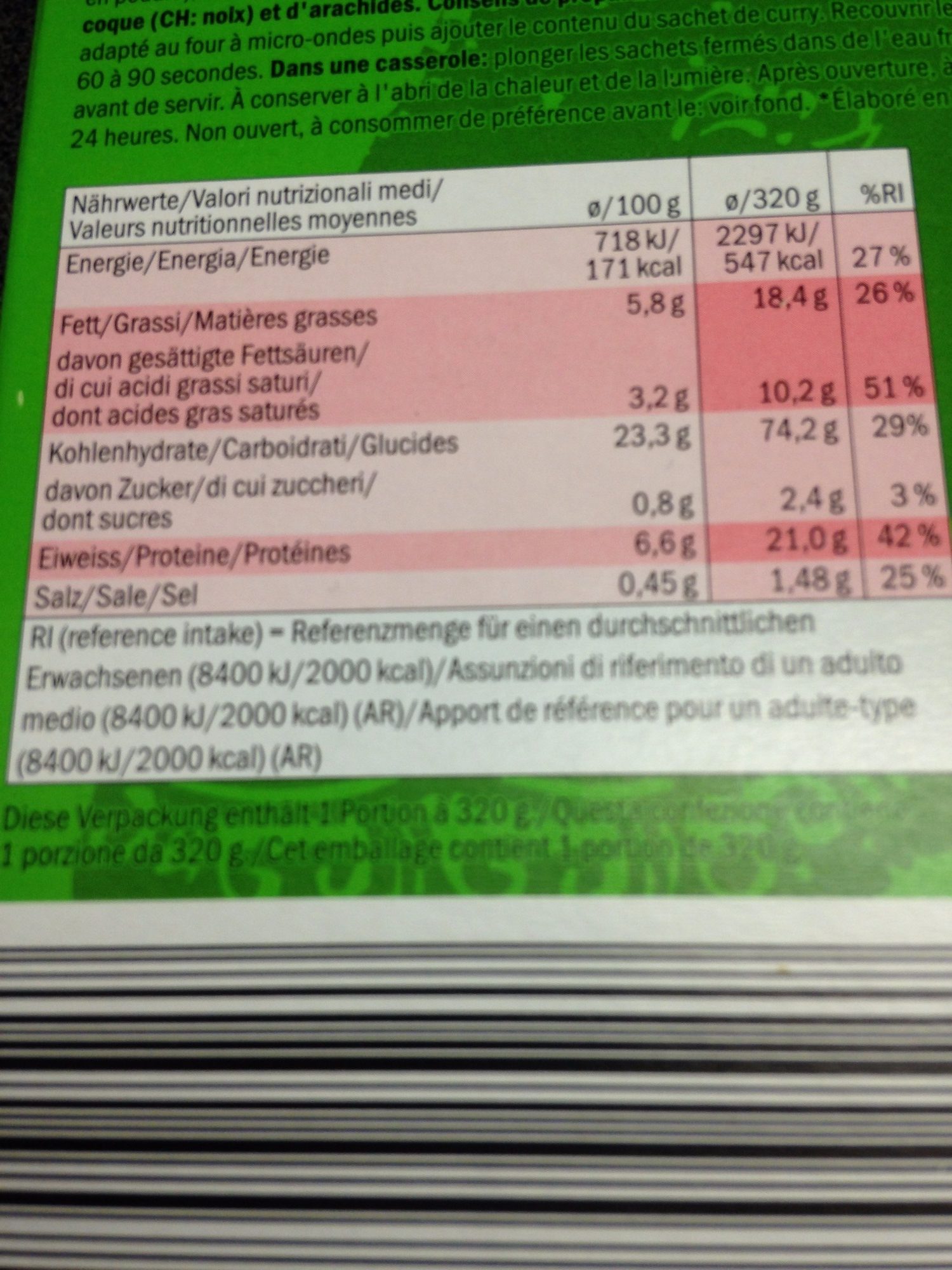 Yellow Thai Curry Vitasia - Nutrition facts - fr