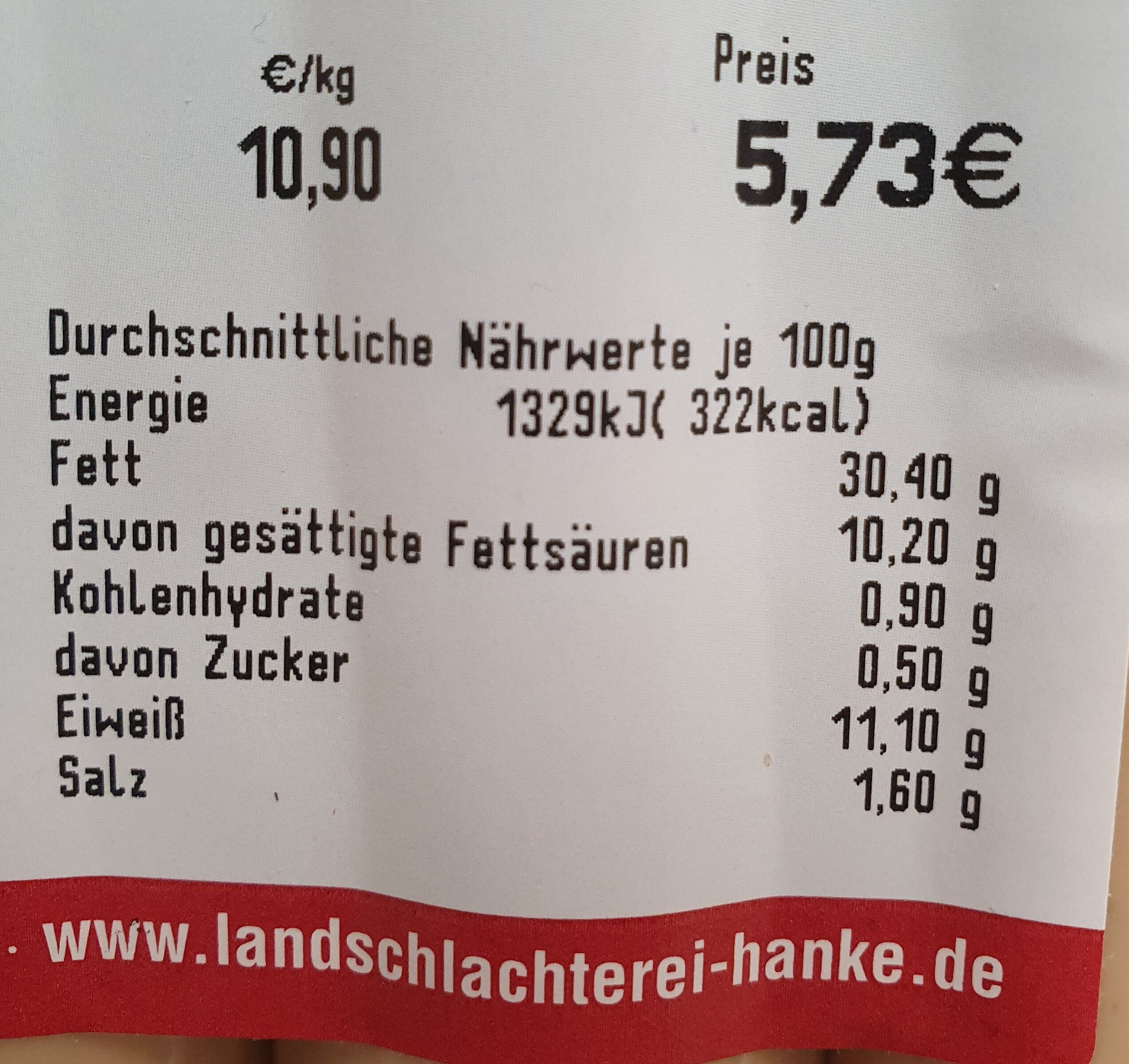 Bratwurst gebrüht Hanke - Nutrition facts - de