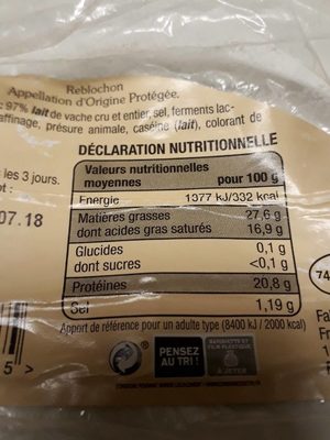 Reblochon de savoie - Nutrition facts - fr