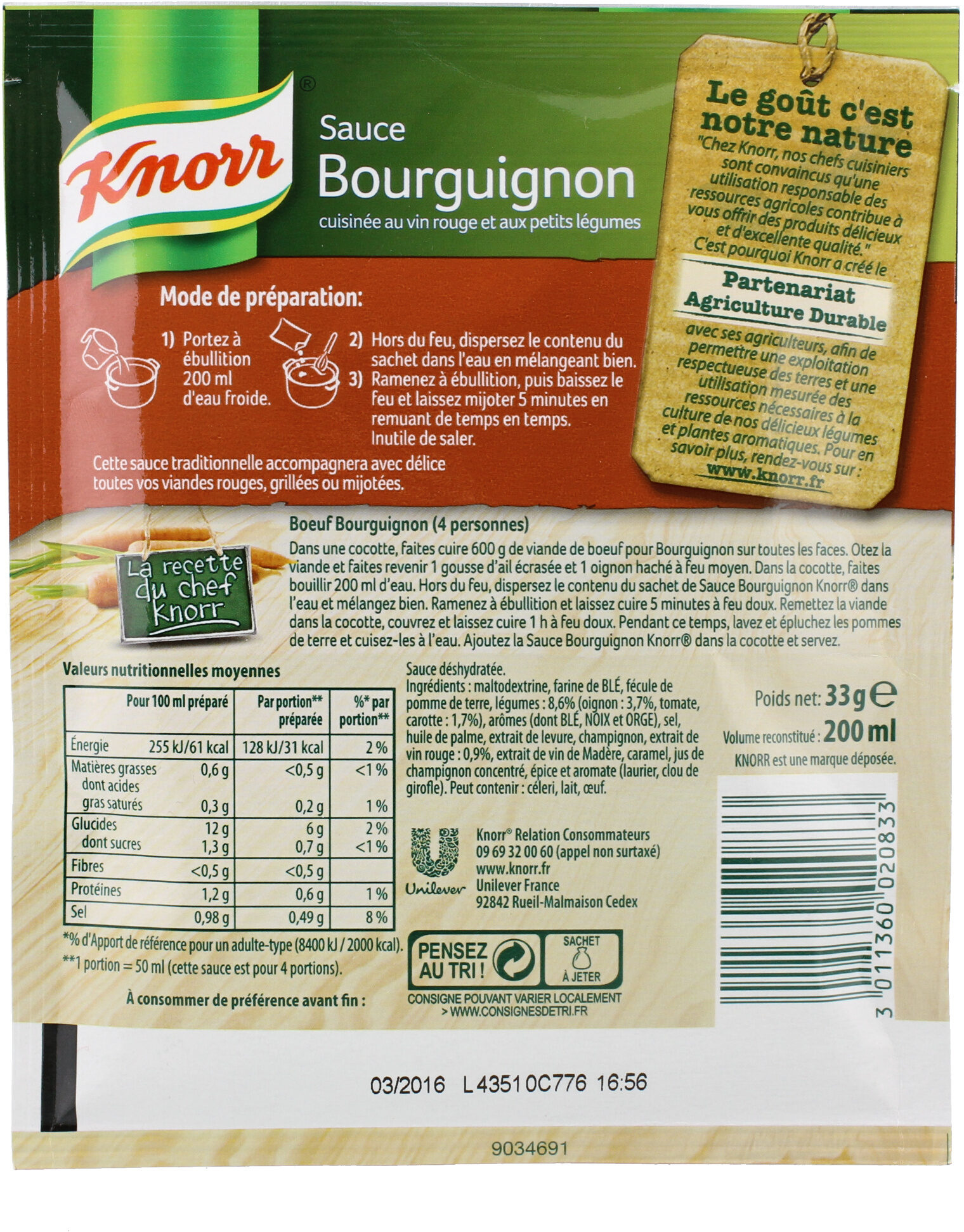 Knorr Sauce Déshydratée Bourguignon au Vin Rouge et Petits Légumes 33g - Nutrition facts - fr