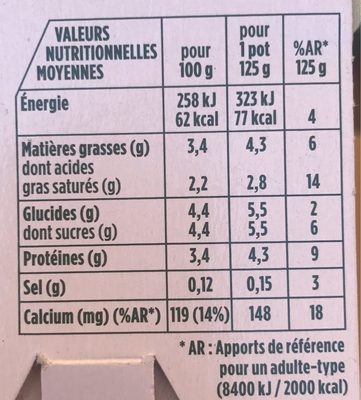Activia Nature - Nutrition facts - fr
