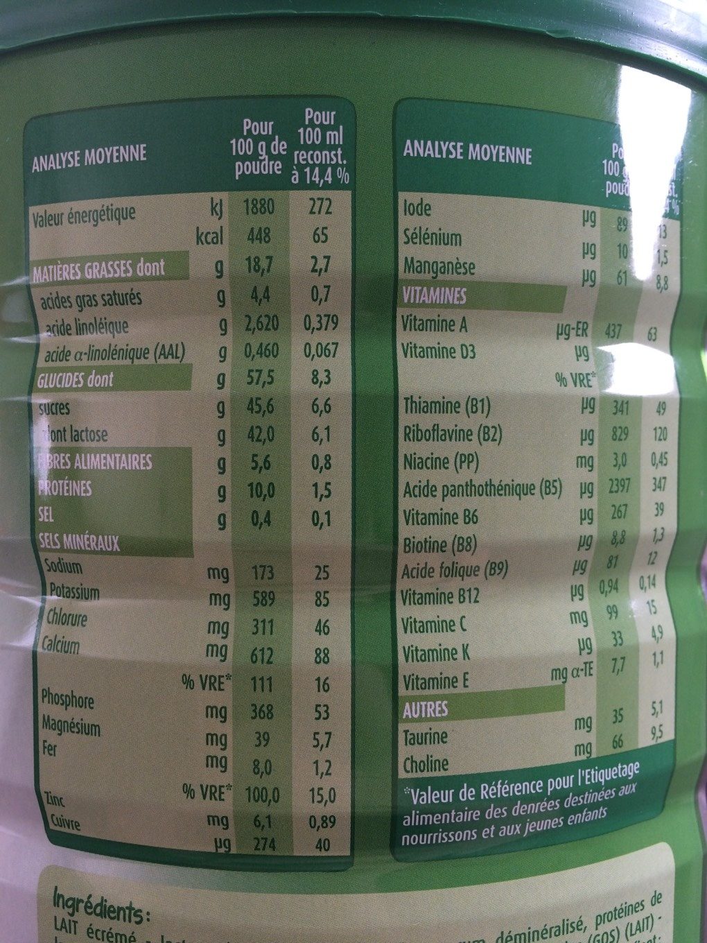 BLEDILAIT Croissance + Maxi Format 1,6kg De 1 à 3 ans - Nutrition facts - fr