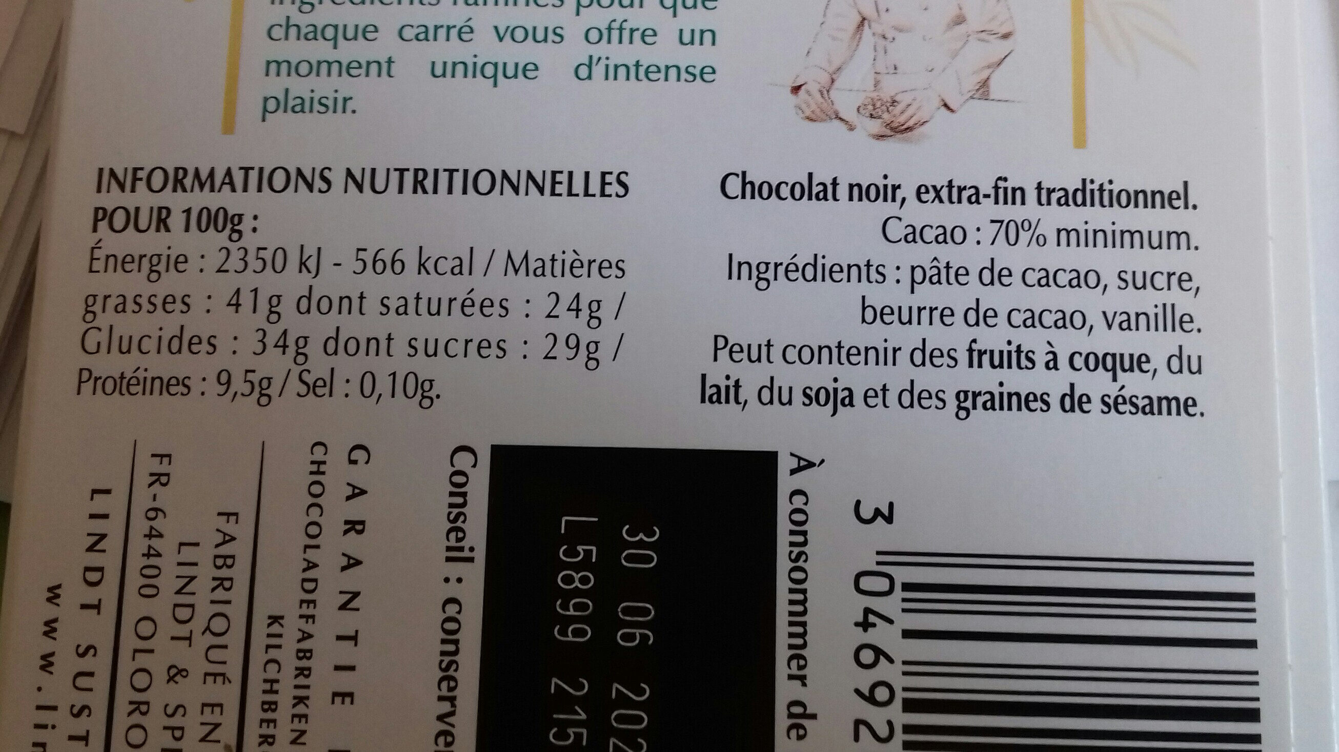 Excellence - Chocolat noir 70% - Nutrition facts - fr
