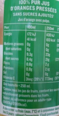 Tropicana Orange avec pulpe 25 cl - Nutrition facts - fr