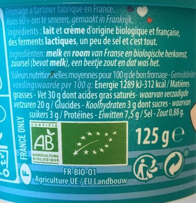 Fromage nature bio à tartiner - Nutrition facts - fr
