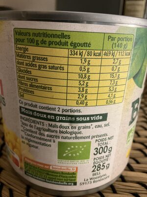 Maïs Bio sans sucres ajoutés - Nutrition facts - fr