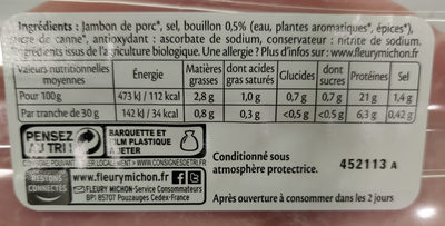 Jambon Supérieur sans couenne Bio - 4 tranches fines - Nutrition facts - en