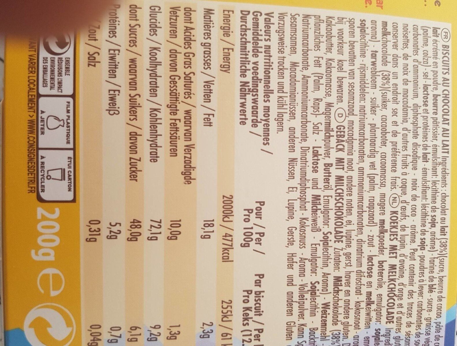 Biscuits Délichoc Chocolat au lait pocket - 200g - Nutrition facts - fr