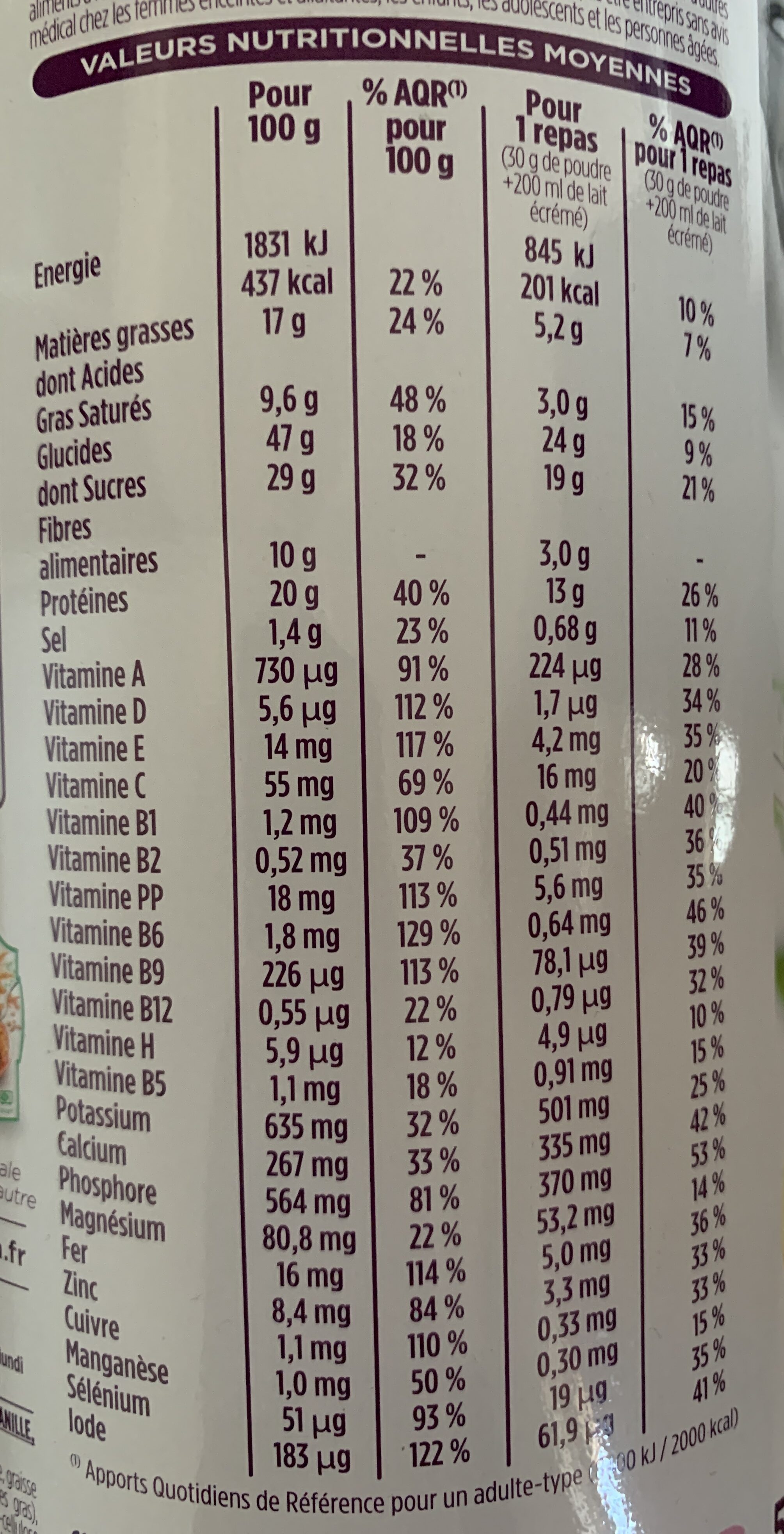 Repas Minceur Complet Saveur Vanille - Nutrition facts - fr