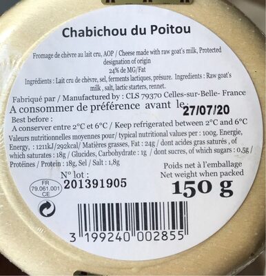 Fromage chèvre Chabichou du Poitou AOP Sevre et Belle - Nutrition facts - fr