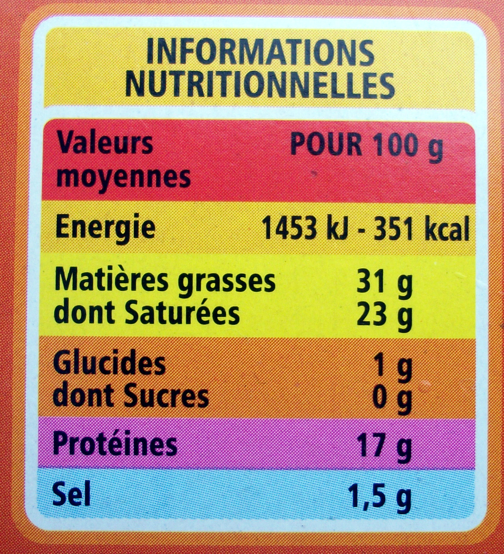 Brique affinée Au lait de vache (31 % MG) - Nutrition facts - fr