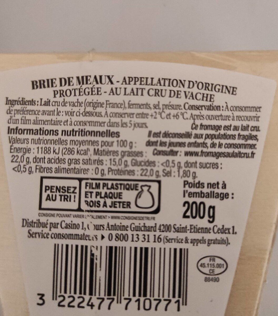 Brie de Maux au lait cru de vache - Nutrition facts - fr