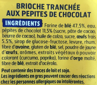 Brioche tranchée aux pépites de chocolat - Ingredients - fr
