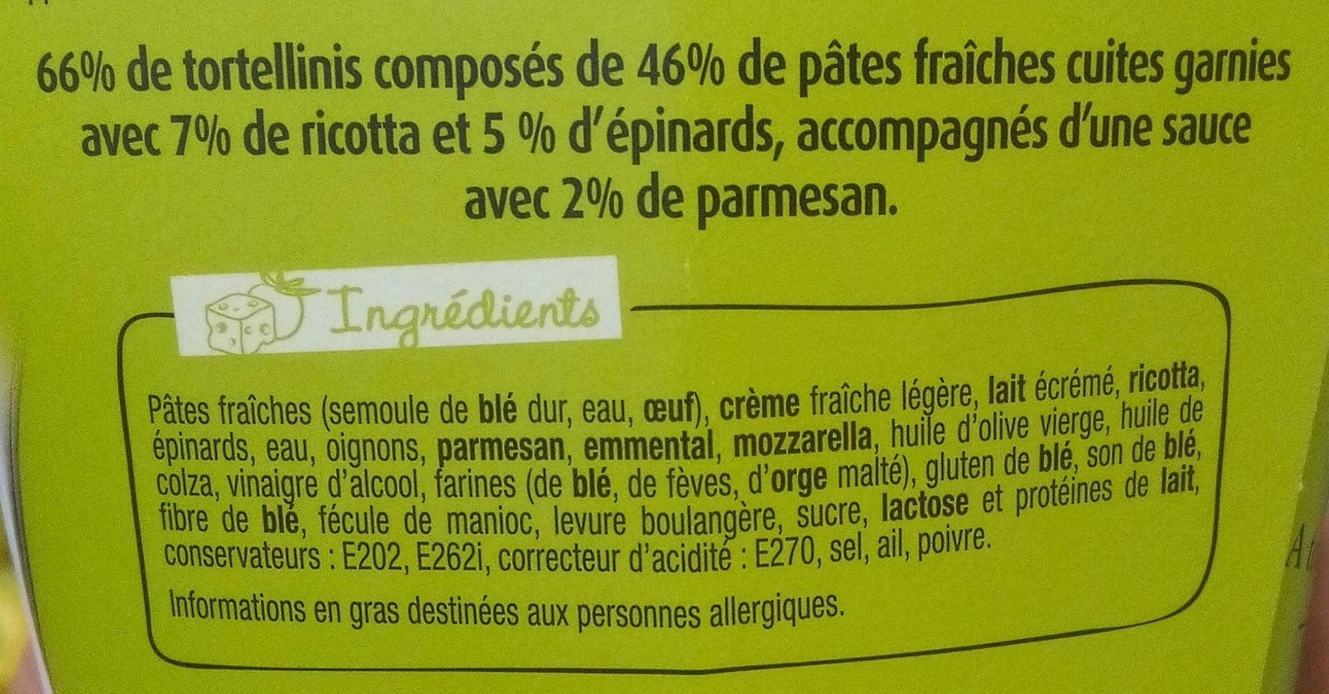 PastaBox - Tortellini Ricotta Epinards Sauce au parmesan - Ingredients - fr