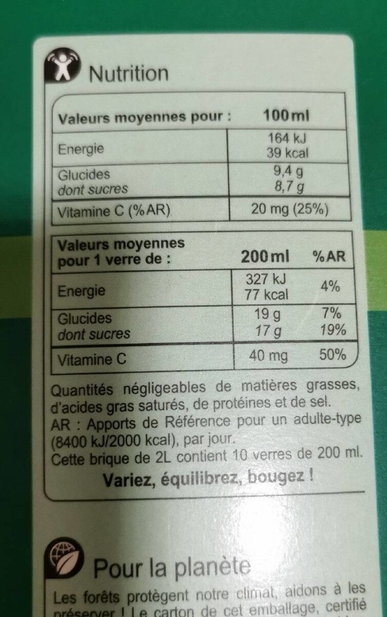 100% pur jus jus d'orange sans pulpe - Nutrition facts - fr
