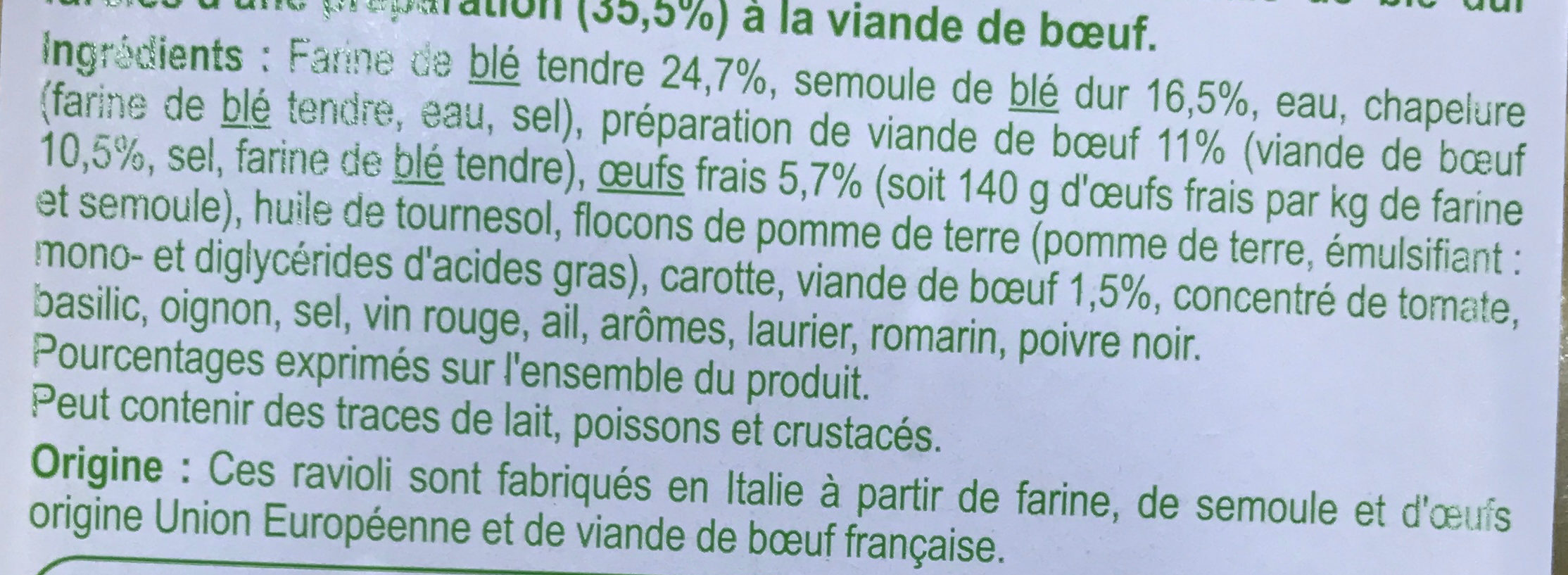 Ravioli Bœuf - Ingredients - fr