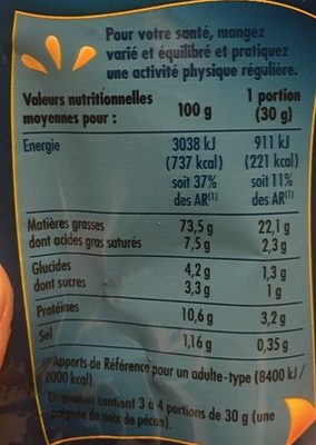 Noix De Pécan Grillées & Salées, Le Sachet De 100g - Nutrition facts