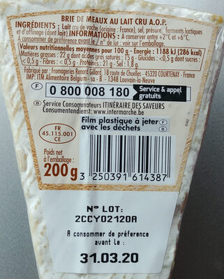 Brie de Meaux au lait cru AOP - Nutrition facts - fr