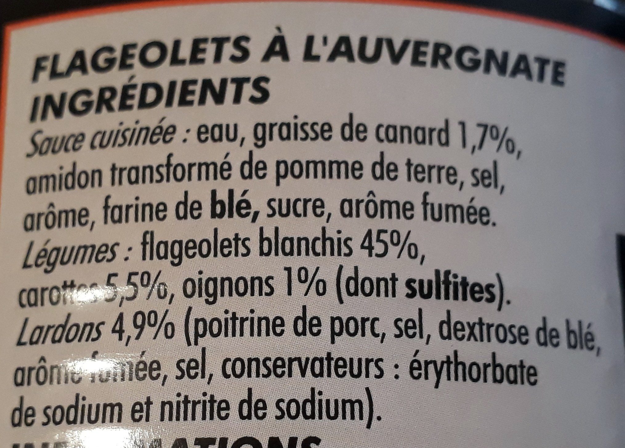 Flageolets à l'Auvergnate - Cuisinés aux lardons - Ingredients - fr
