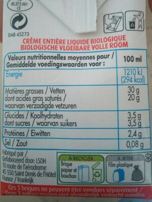 Crème liquide entière 30 % MG BIO - Nutrition facts