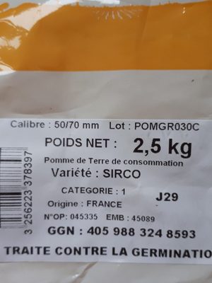 Pomme de terre Sirco, de consommation, calibre 50/75mm cat.1 - Ingredients