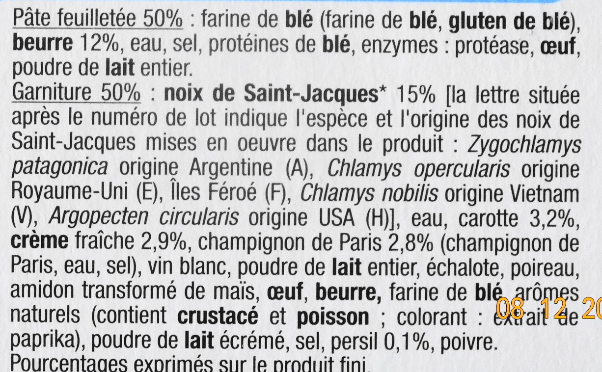Paniers Feuilletés Noix de St-Jacques*, Surgelés - Ingredients - fr