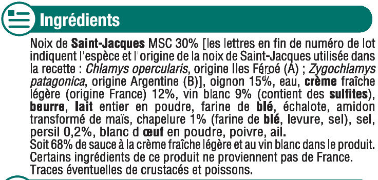 Coquilles St Jacques MSC 30% noix cuisinées à la bretonne - Ingredients - fr