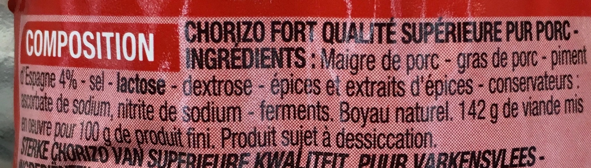 Chorizo fort qualité supérieure aux piments d'Espagne - Ingredients - fr