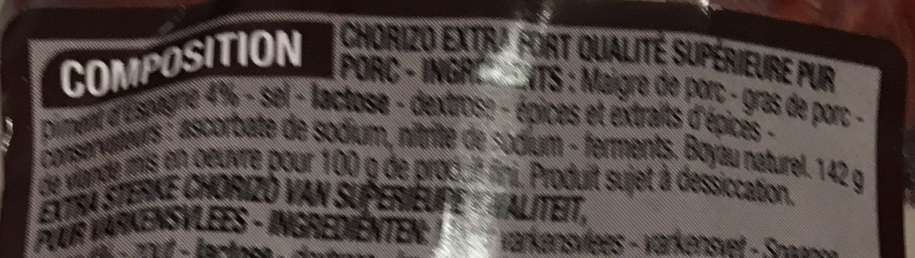 Chorizo Extra Fort aux piments d'Espagne - Ingredients - fr
