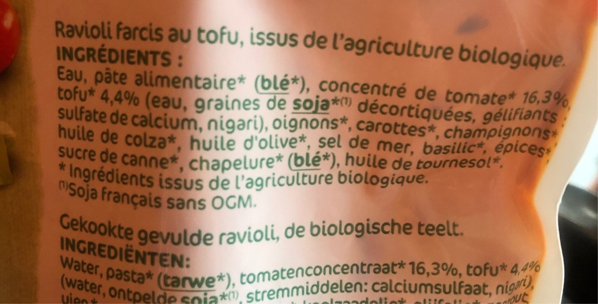 Ravioli Tofu Tomates et Basilic - Ingredients - fr