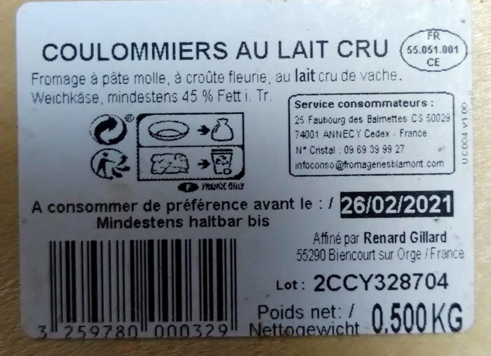 Coulommiers au lait cru - Nutrition facts - fr