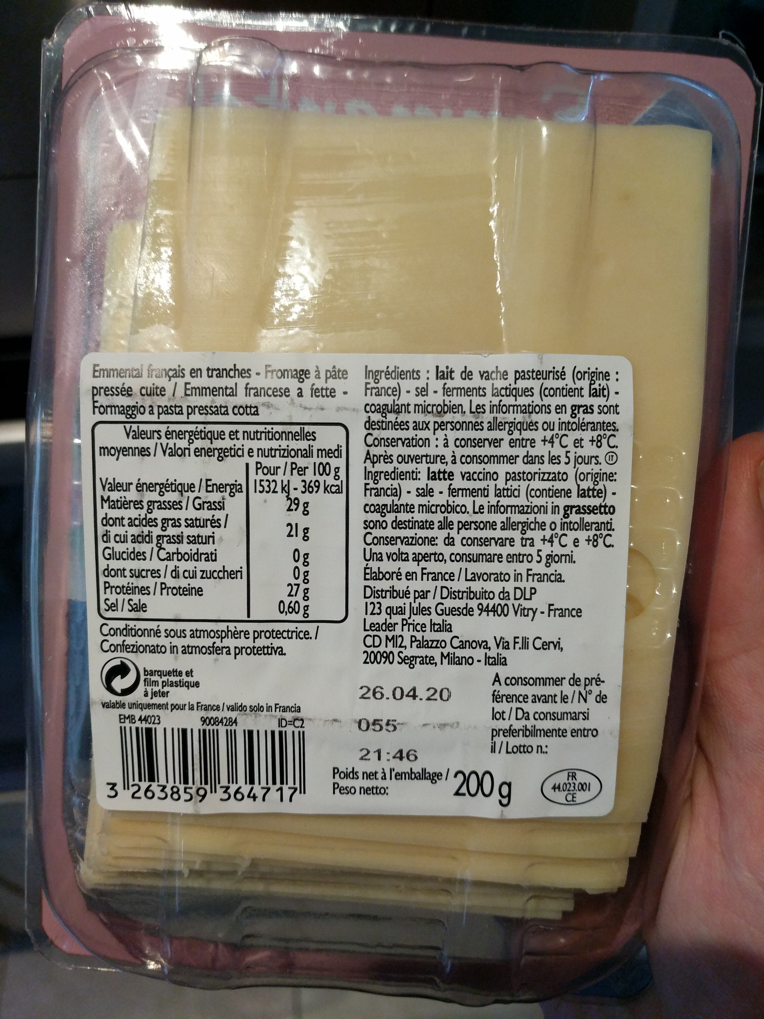 Emmental (28,5% MG) x 9 tranches  - 200 g - Leader Price - Ingredients - fr