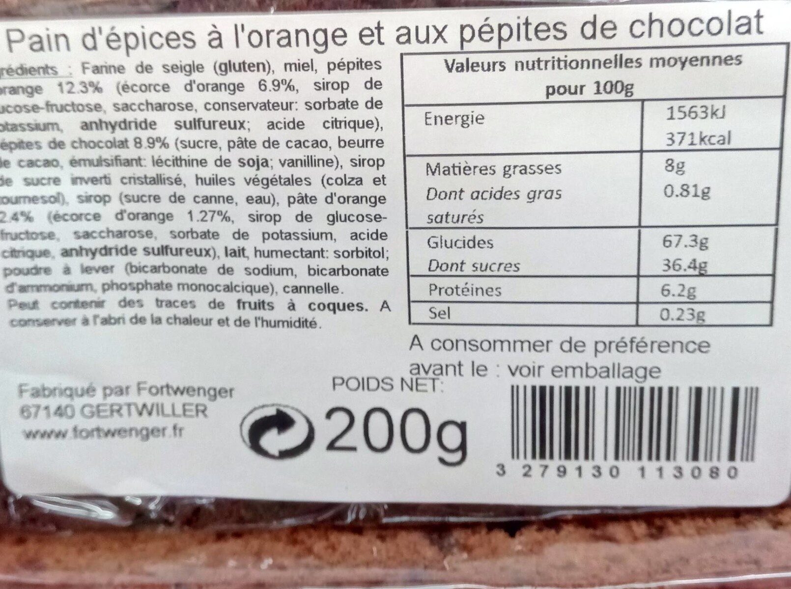 Pain d'épices à l'orange - Nutrition facts - fr