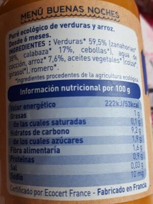Tarrito de calabaza zanahoria y arroz ecológico - Nutrition facts - fr