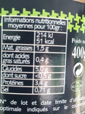 Lentilles BIO cuisinées - Nutrition facts - fr