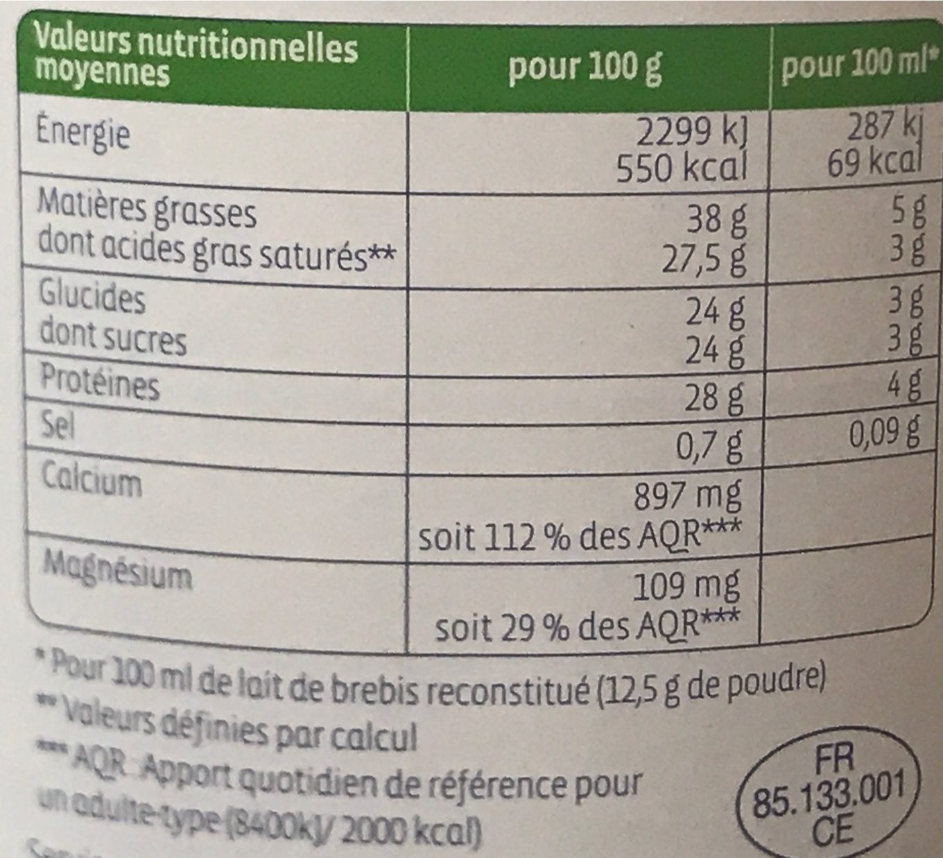 Lait de brebis en poudre, entier - Nutrition facts - fr