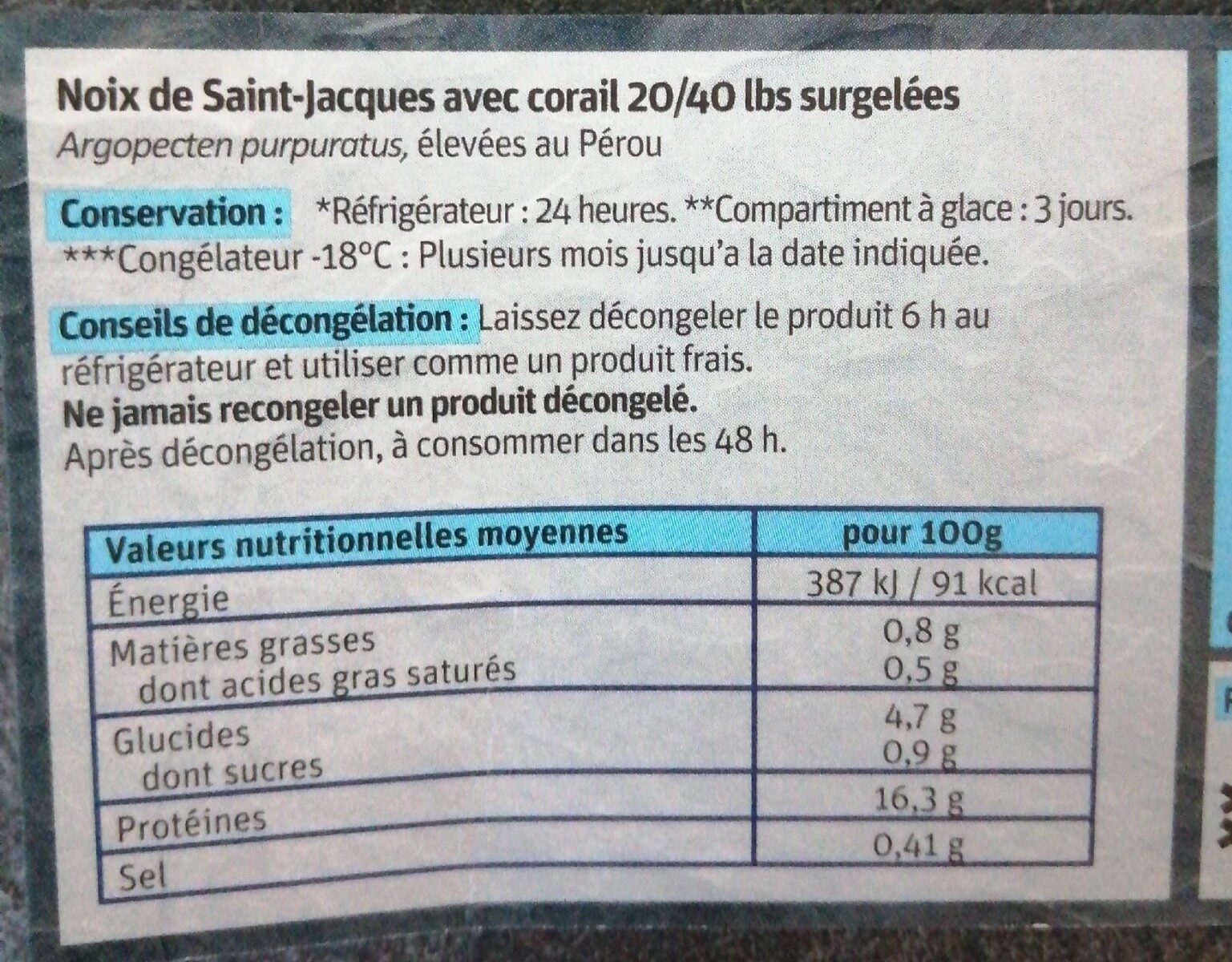 Noix de Saint-Jacques avec Corail - Nutrition facts - fr