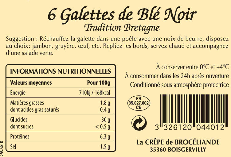 6 Galettes de Blé Noir Tradition Bretagne en sachet - Nutrition facts - fr
