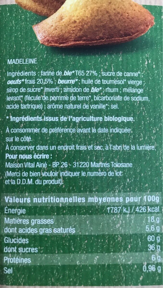 Madeleines pâtissiers aux oeufs frais - Nutrition facts - fr