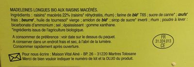 Madeleines Bio aux raisins macérés - Ingredients - fr
